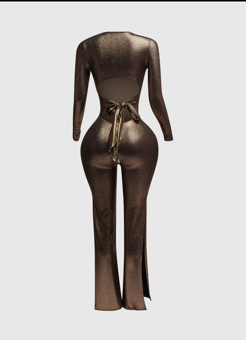 Shimmer Tie Back Jumpsuit (Brown)